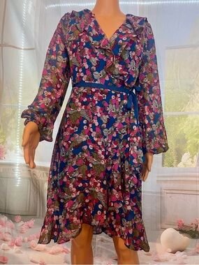 Betsey Johnson Blue and Pink Floral Ruffle Wrap Dress